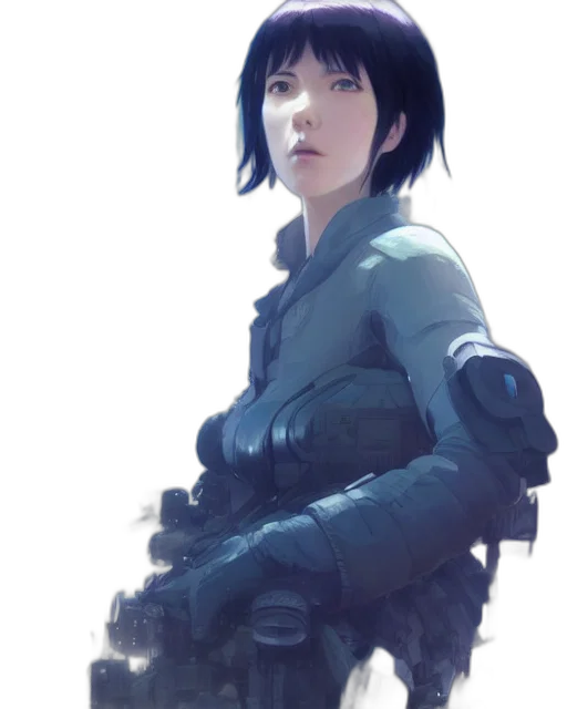 robot, jacket, weapon, face, concept art, cyberpunk, fantasy art, photorealistic transparent PNG cut-out