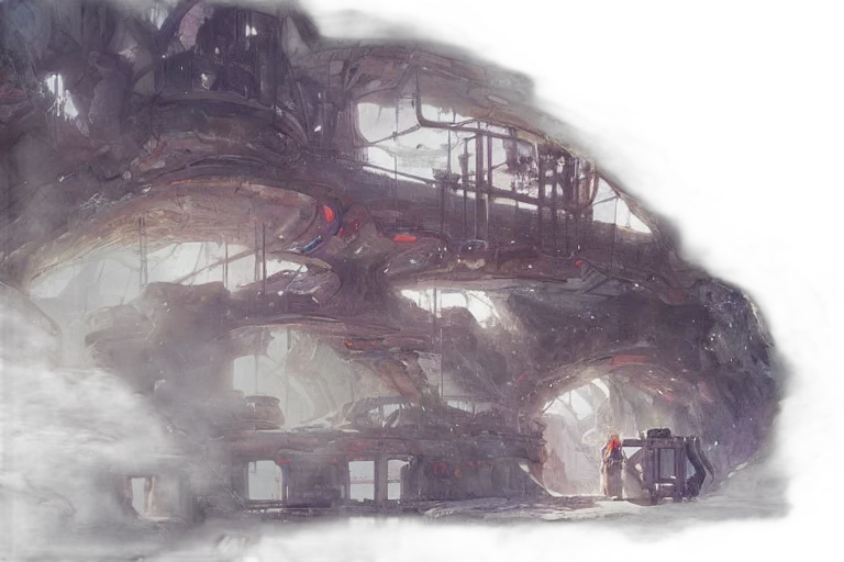 robot, building, concept art, watercolor, fantasy art, cyberpunk, fog, outer space transparent PNG cut-out