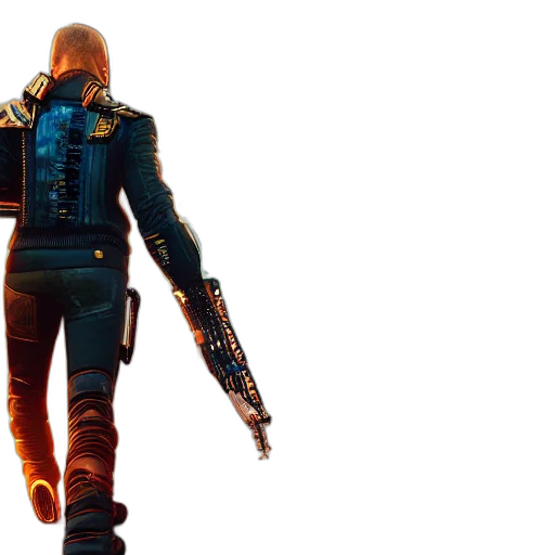jacket, weapon, concept art, cyberpunk, 3d render, johnny, silverhand, portrait transparent PNG cut-out