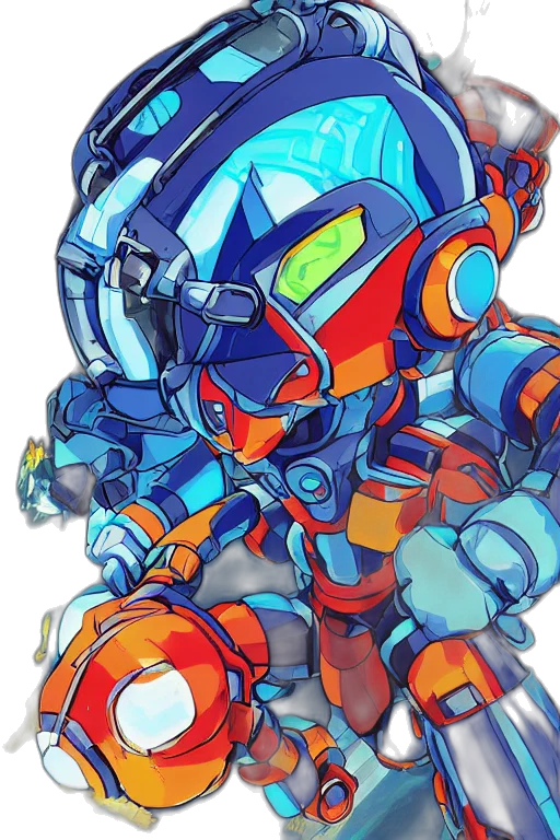 robot, weapon, concept art, pixel art, cyberpunk, vaporwave, outer space, blue transparent PNG cut-out