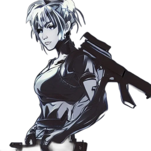 weapon, concept art, cyberpunk, comic book art, pixel art, girl, silver, hair transparent PNG cut-out