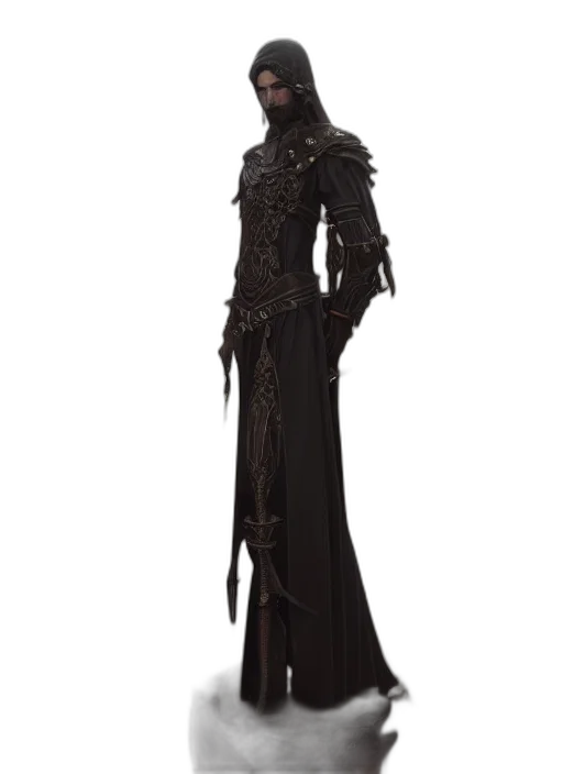 dress, staff, sword, concept art, fantasy art, 3d render, dark, monochrome transparent PNG cut-out