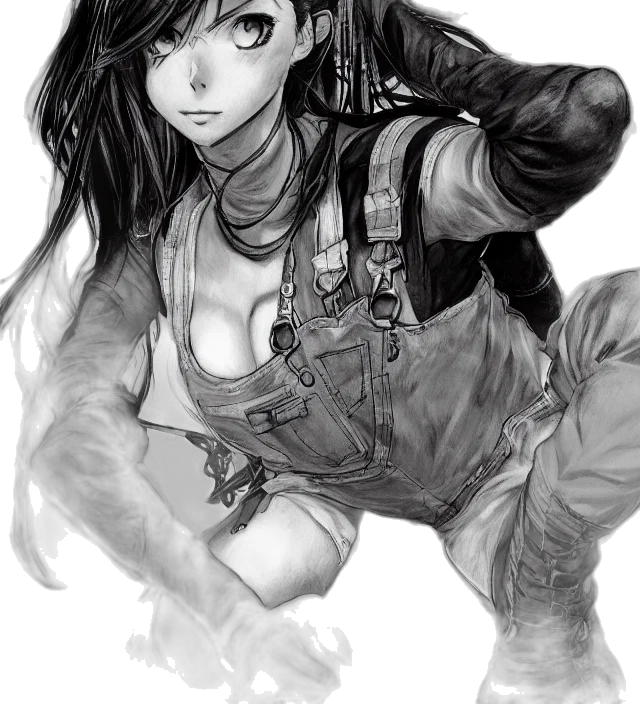 weapon, jacket, comic book art, cyberpunk, fantasy art, concept art, fire, monochrome transparent PNG cut-out