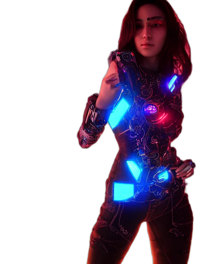 robot, jacket, staff, weapon, cyberpunk, concept art, 3d render, comic book art transparent PNG cut-out