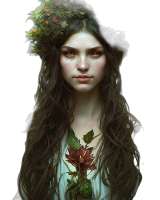 face, crown, flower, dress, fantasy art, photorealistic, concept art, oil painting transparent PNG cut-out