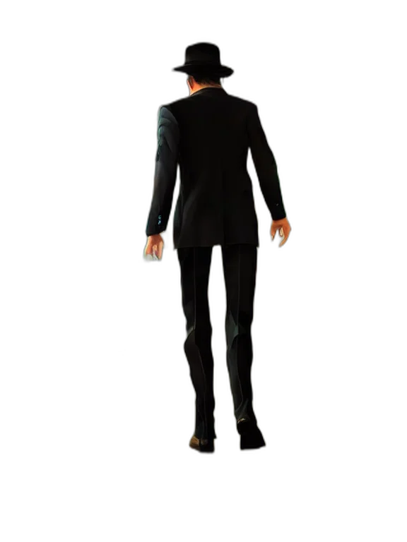 jacket, hat, staff, robot, 3d render, concept art, man, black transparent PNG cut-out