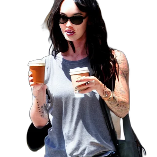 jacket, jewelry, photorealistic, megan, fox, starbucks, holding, tumbler transparent PNG cut-out