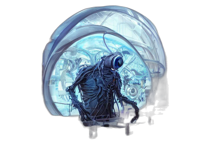 robot, mask, creature, bottle, concept art, cyberpunk, fantasy art, comic book art transparent PNG cut-out