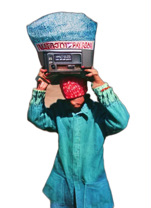 hat, robot, jacket, mask, vaporwave, cyberpunk, 3d render, concept art transparent PNG cut-out