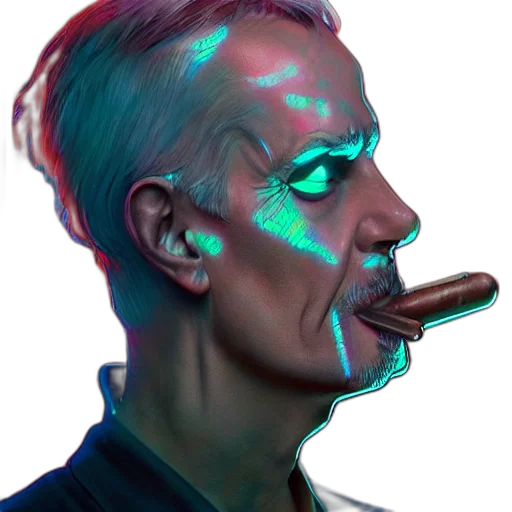 face, mask, staff, robot, cyberpunk, vaporwave, concept art, cartoon transparent PNG cut-out