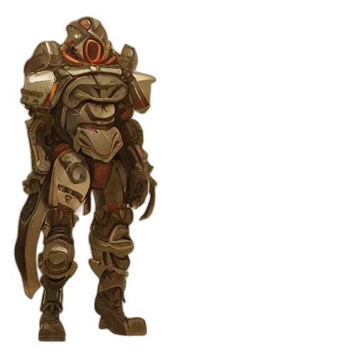 robot, mask, weapon, staff, concept art, 3d render, fantasy art, earth tones transparent PNG cut-out