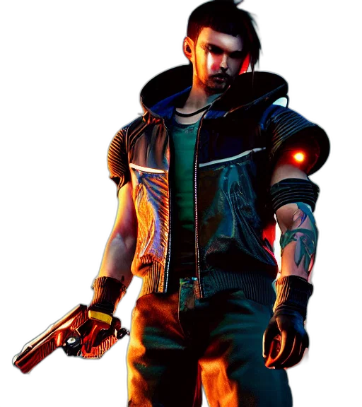 jacket, weapon, staff, concept art, cyberpunk, 3d render, pixel art, neon lights transparent PNG cut-out