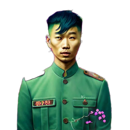 staff, jacket, face, weapon, photorealistic, concept art, pixel art, vaporwave transparent PNG cut-out