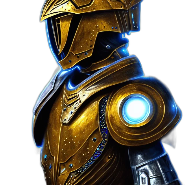 robot, sword, mask, concept art, 3d render, fantasy art, comic book art, golden transparent PNG cut-out