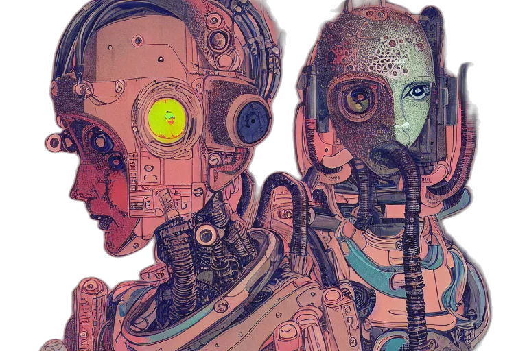 robot, cyberpunk, comic book art, concept art, fantasy art, outer space, pastel, colorful transparent PNG cut-out