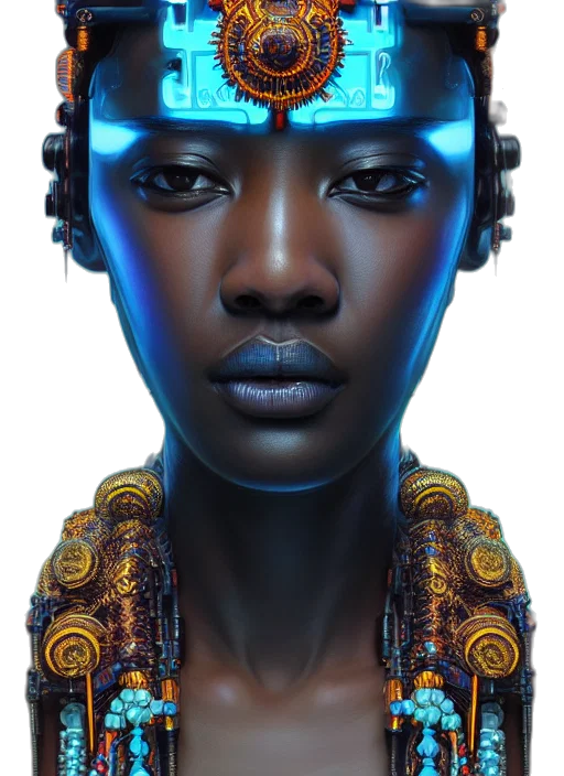 face, jewelry, robot, crown, photorealistic, concept art, fantasy art, cyberpunk transparent PNG cut-out