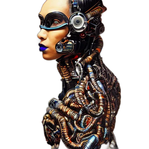 robot, mask, jewelry, dress, cyberpunk, concept art, 3d render, comic book art transparent PNG cut-out