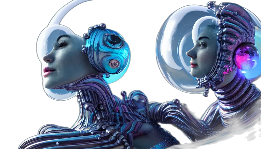 robot, concept art, cyberpunk, comic book art, fantasy art, outer space, blue, bubbles transparent PNG cut-out