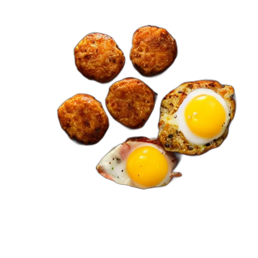 food, photorealistic, eggs, sausage transparent PNG cut-out