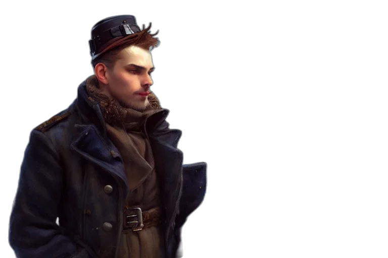 jacket, staff, hat, face, concept art, fantasy art, cyberpunk, photorealistic transparent PNG cut-out