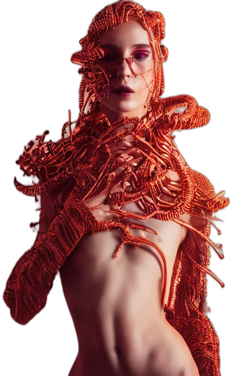 dress, creature, hair, jewelry, cyberpunk, 3d render, concept art, photorealistic transparent PNG cut-out