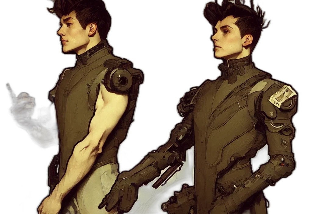 robot, jacket, concept art, comic book art, cyberpunk, 3d render, earth tones, green transparent PNG cut-out