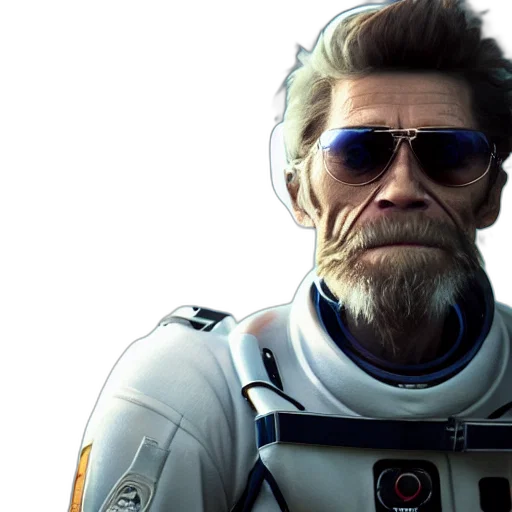 concept art, cyberpunk, willem, dafoe, beard, astronaut, suit, style transparent PNG cut-out