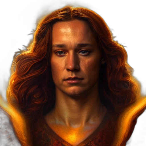 face, fantasy art, photorealistic, comic book art, concept art, fire, golden, majestic transparent PNG cut-out