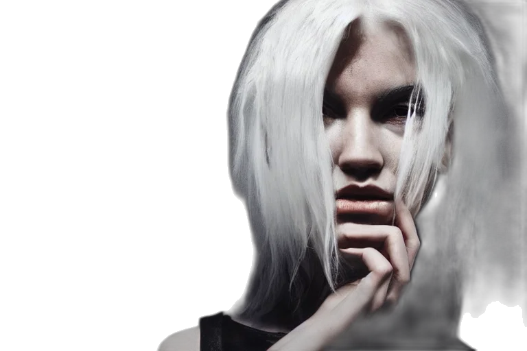 hair, face, mask, cyberpunk, photorealistic, 3d render, concept art, monochrome transparent PNG cut-out