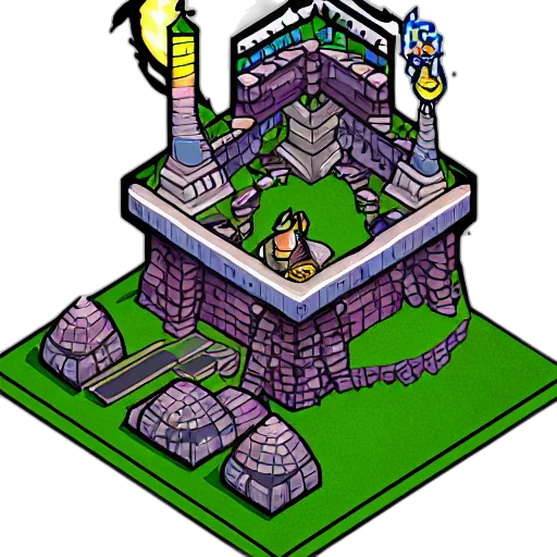 building, pixel art, concept art, fantasy art, vaporwave, fire, forest, isometric transparent PNG cut-out