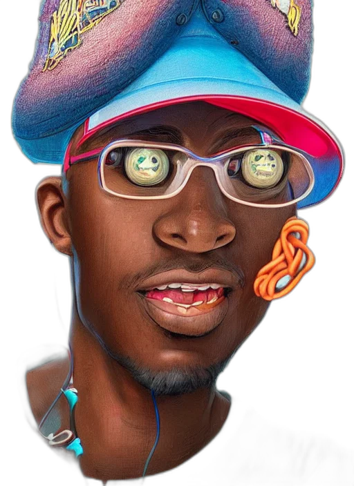 hat, face, jewelry, mask, photorealistic, cartoon, concept art, 3d render transparent PNG cut-out