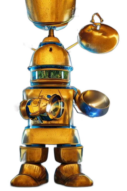 robot, staff, weapon, jewelry, 3d render, concept art, golden, portrait transparent PNG cut-out