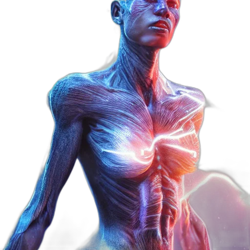 robot, creature, cyberpunk, concept art, 3d render, comic book art, neon lights, blue transparent PNG cut-out