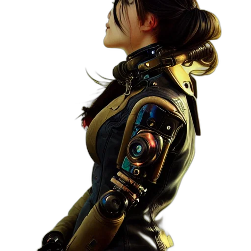 robot, staff, weapon, jacket, cyberpunk, concept art, 3d render, fantasy art transparent PNG cut-out