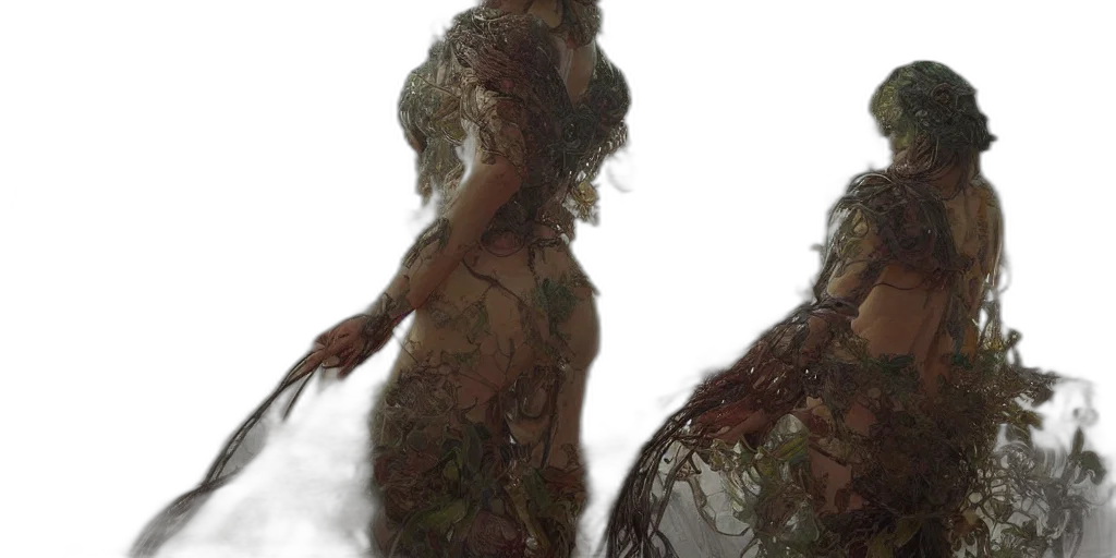 dress, creature, hair, tree, concept art, fantasy art, 3d render, photorealistic transparent PNG cut-out