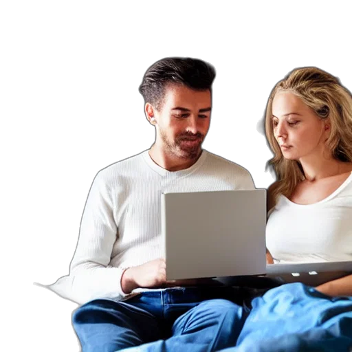 man, woman, bed, working, their, laptops transparent PNG cut-out