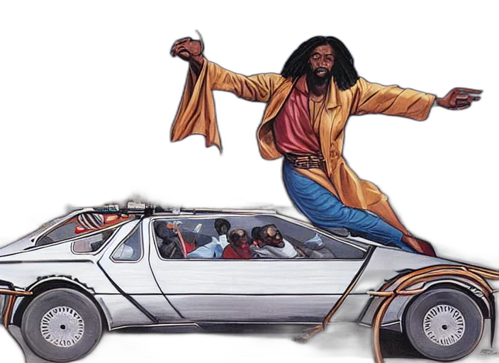 car, jacket, concept art, comic book art, african, jesus, driving, flying transparent PNG cut-out