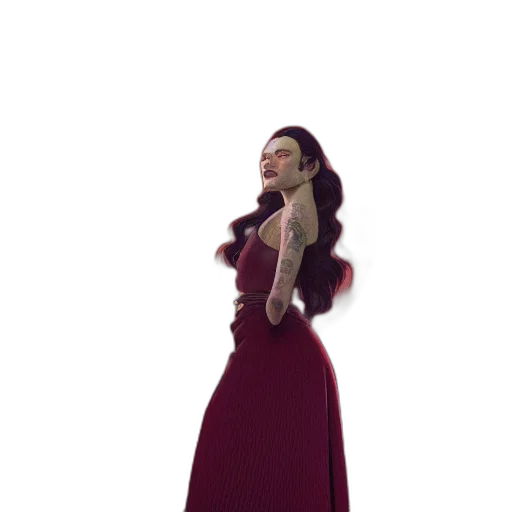 dress, crown, 3d render, photorealistic, concept art, cartoon, red, girl transparent PNG cut-out
