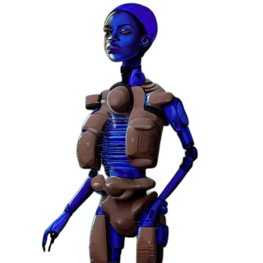 robot, staff, 3d render, concept art, cyberpunk, fantasy art, outer space, blue transparent PNG cut-out