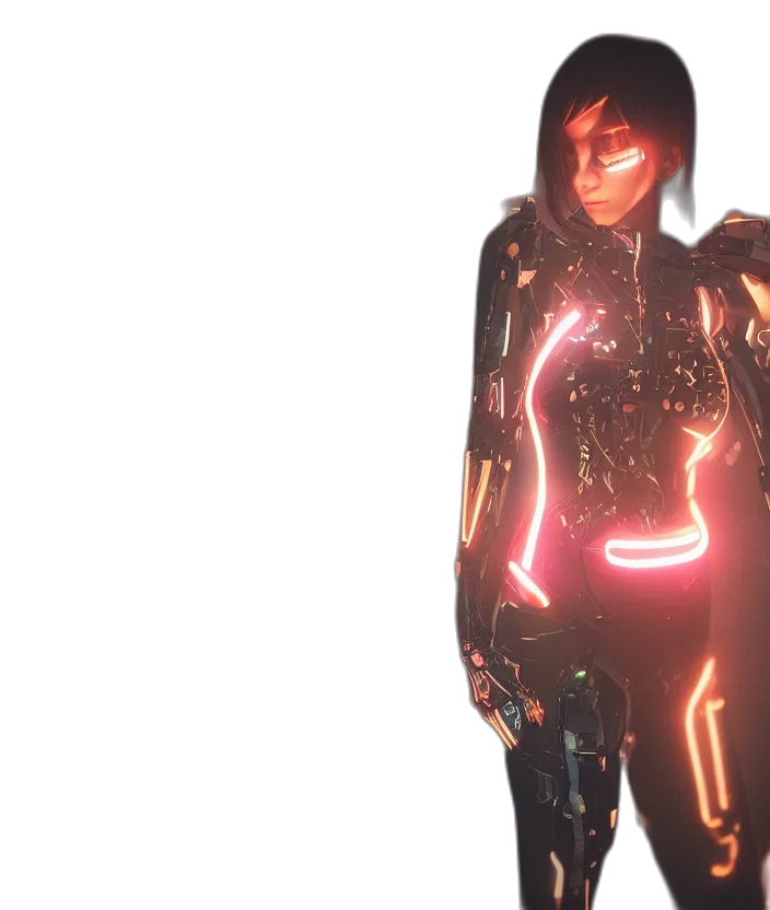 jacket, dress, robot, 3d render, concept art, cyberpunk, neon lights, outer space transparent PNG cut-out