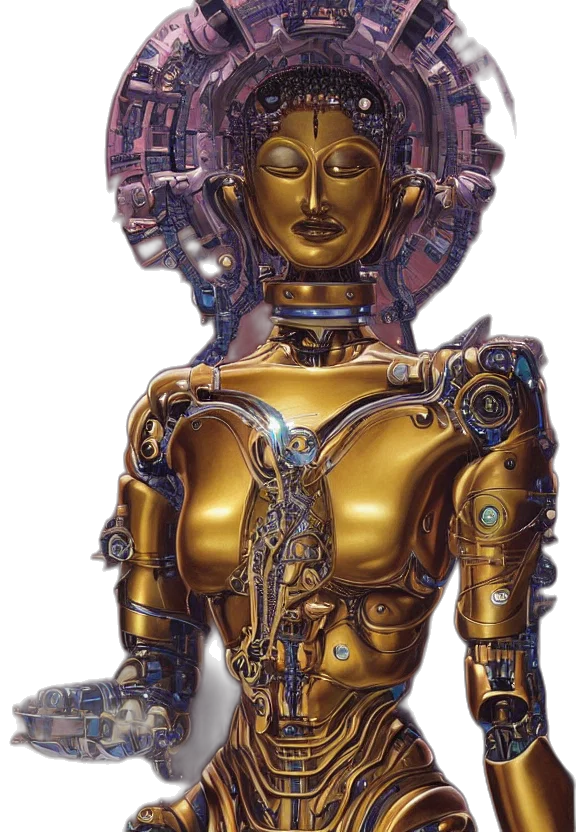 robot, jewelry, mask, concept art, cyberpunk, 3d render, fantasy art, golden transparent PNG cut-out