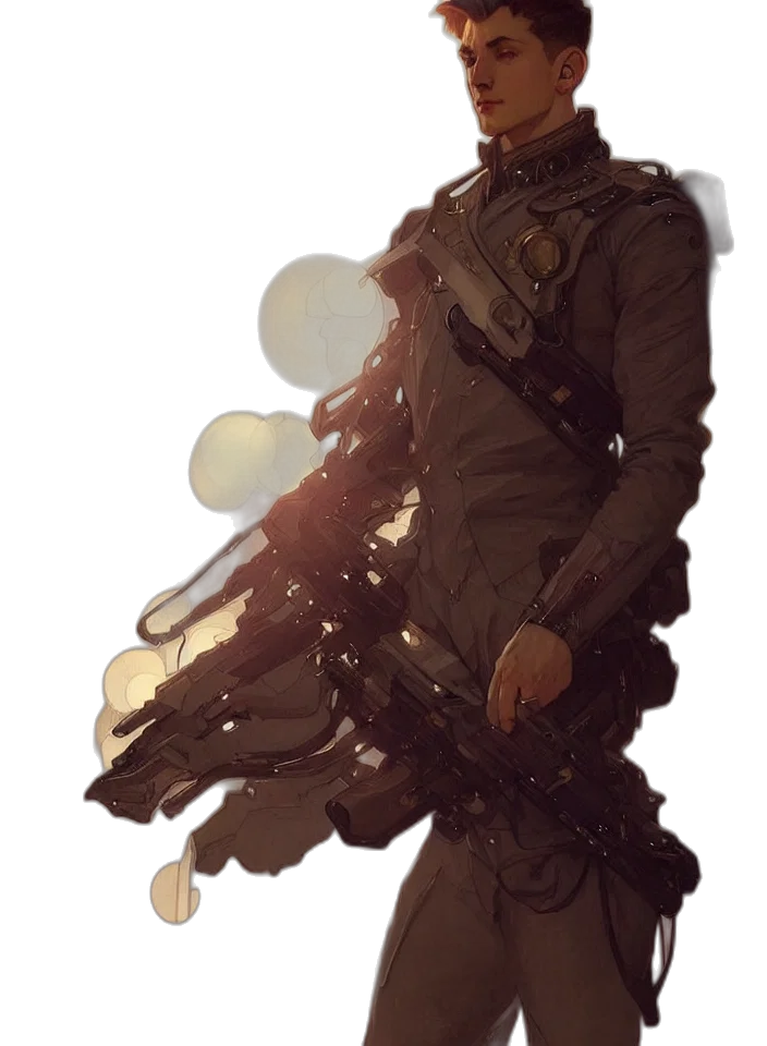 jacket, weapon, staff, creature, concept art, cyberpunk, fantasy art, comic book art transparent PNG cut-out