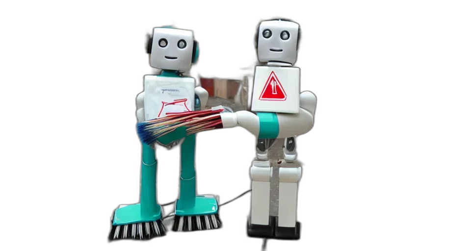 robot, 3d render, dressed, cleaning, lady, holding, brush transparent PNG cut-out