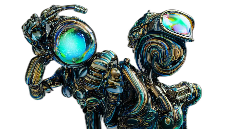 robot, jewelry, weapon, concept art, cyberpunk, 3d render, fantasy art, bubbles transparent PNG cut-out