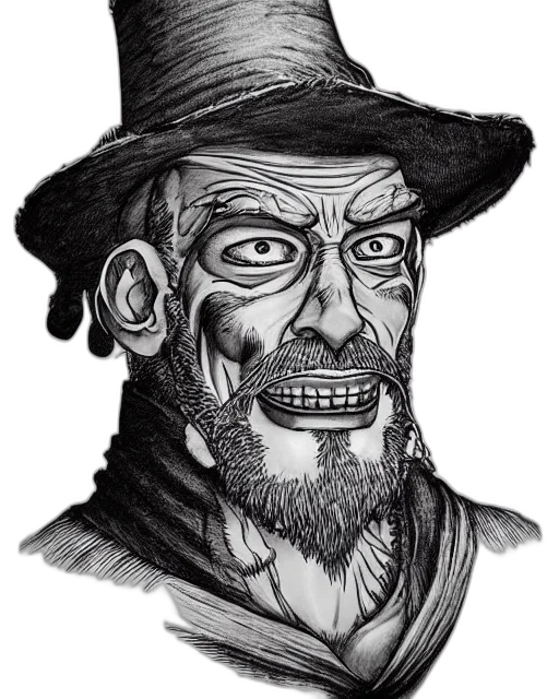 face, hat, staff, mask, comic book art, concept art, pencil sketch, photorealistic transparent PNG cut-out