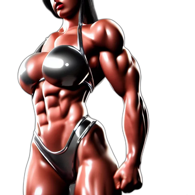 3d render, concept art, photorealistic, comic book art, muscle, girl, chrome, highly transparent PNG cut-out