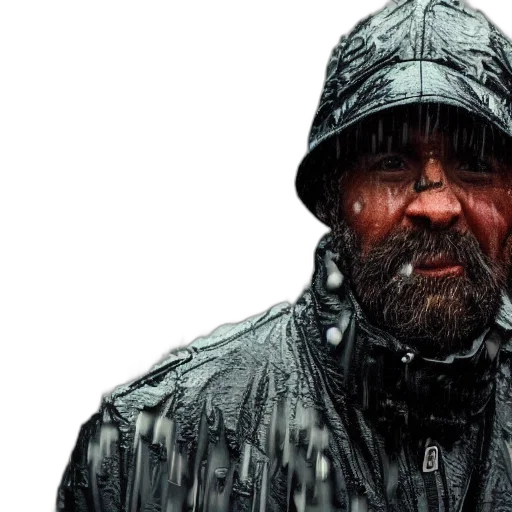 jacket, comic book art, concept art, photorealistic, snow, rain, realistic, gritty transparent PNG cut-out