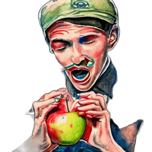 food, face, staff, watercolor, photorealistic, oil painting, comic book art, green transparent PNG cut-out