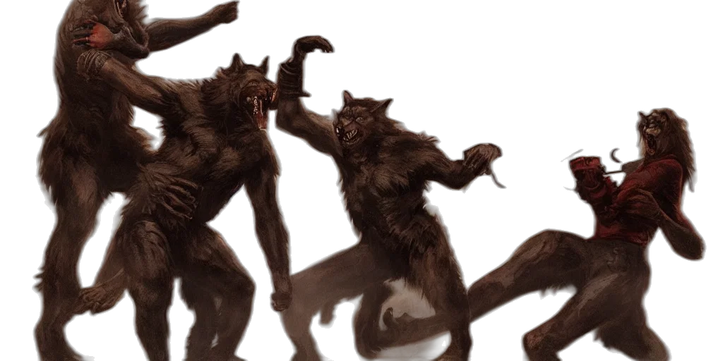 creature, animal, concept art, 3d render, photorealistic, werewolf, fighting, vampire transparent PNG cut-out