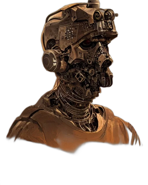 robot, mask, face, staff, concept art, cyberpunk, 3d render, photorealistic transparent PNG cut-out